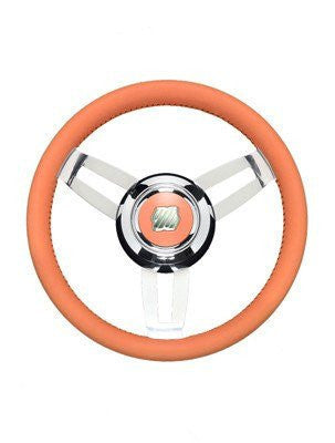 ULTRAFLEX MOROSINI 3 SPOKE, ORANGE LEATHER GRIP & CHROME HUB STEERING WHEEL